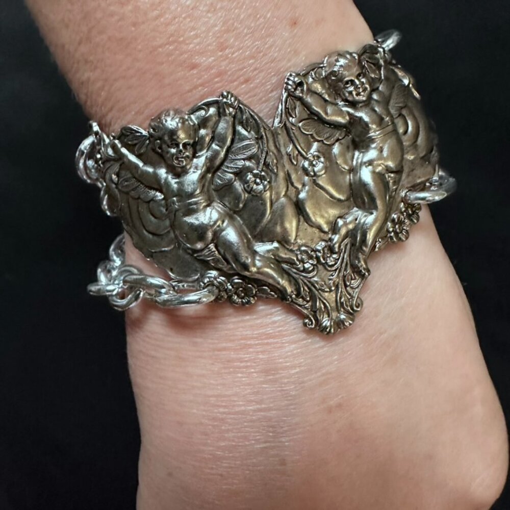 Cherub Chain Angel Bracelet Link Statement Cuff Putti Silver Baroque Rococo